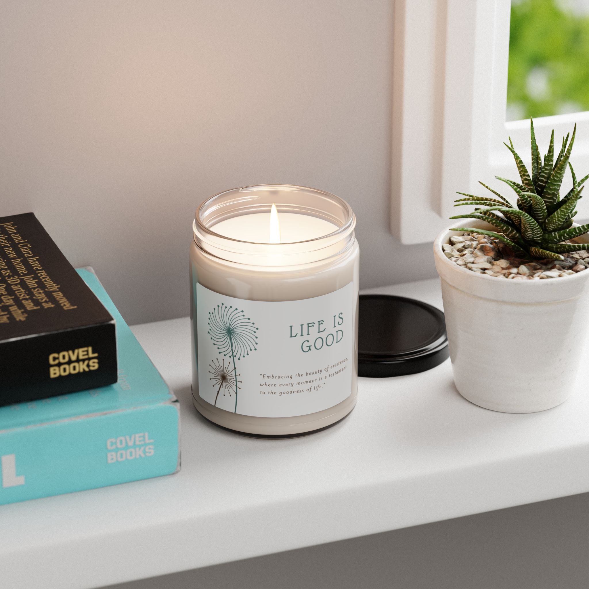 Aromatherapy candle featuring Life is Good design