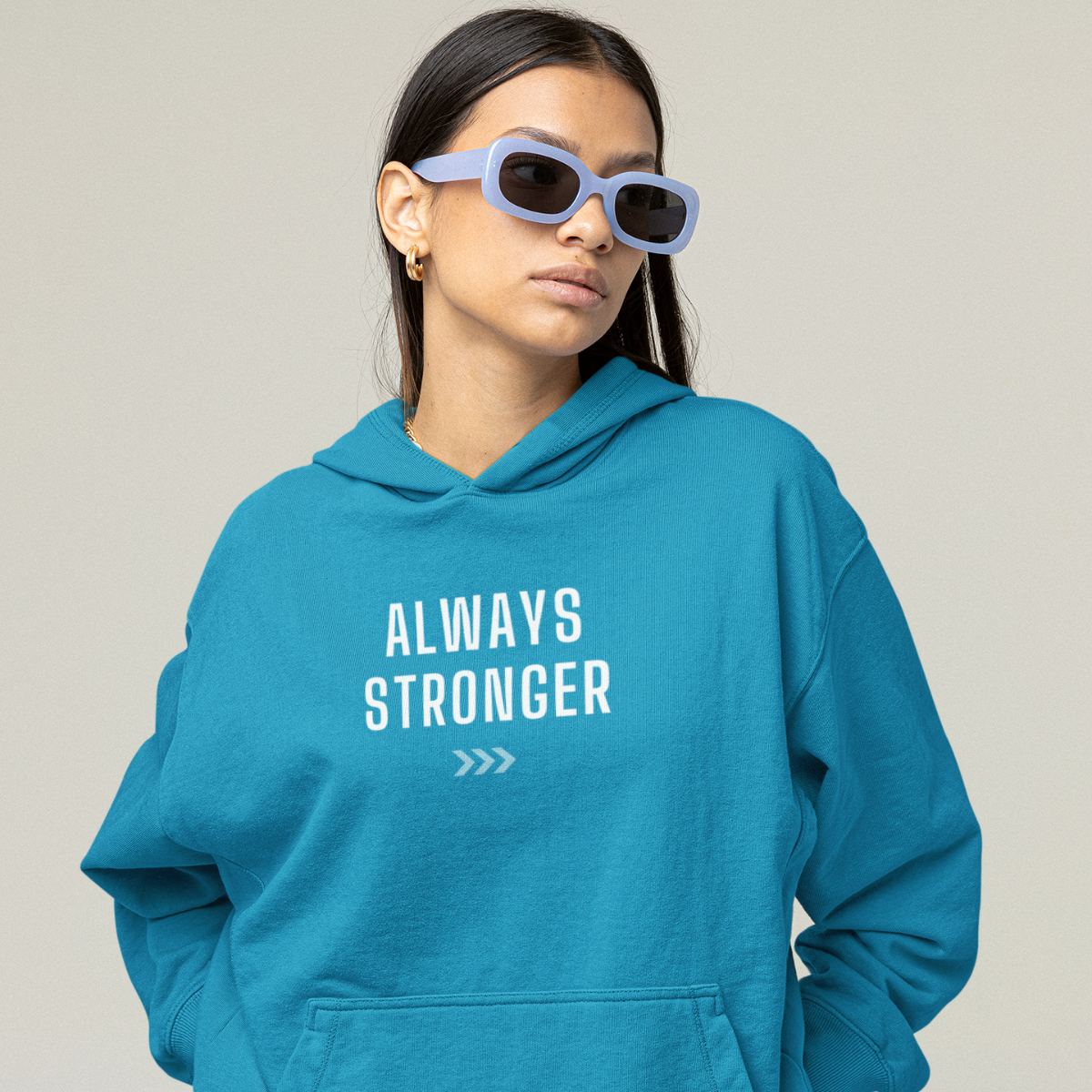 Blue hoodie featuring Always Stronger slogan