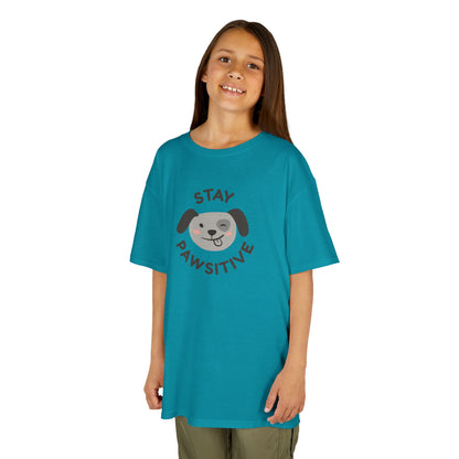 Blue kids tee with "Stay Pawsitive" design