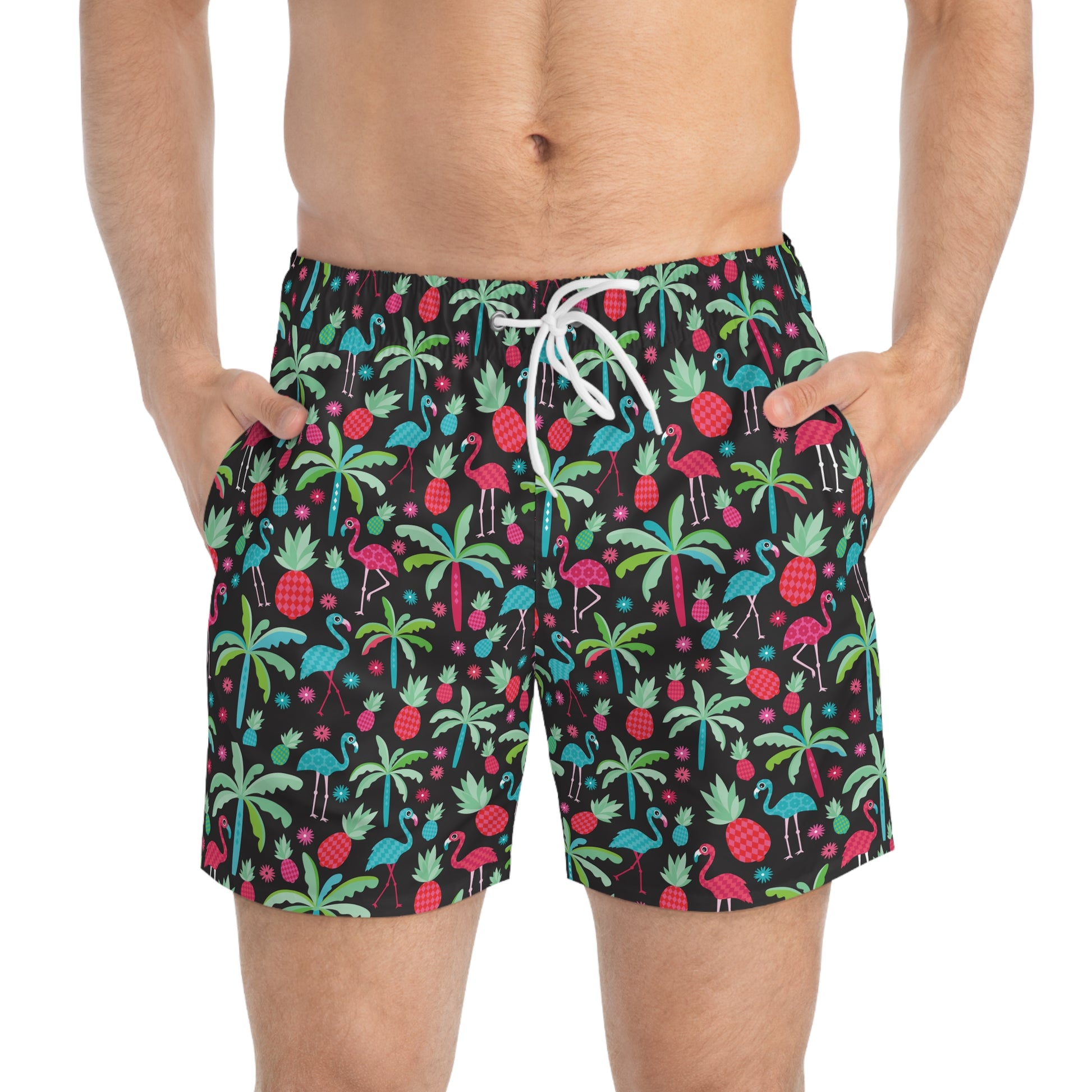 Flamingo print swim trunks