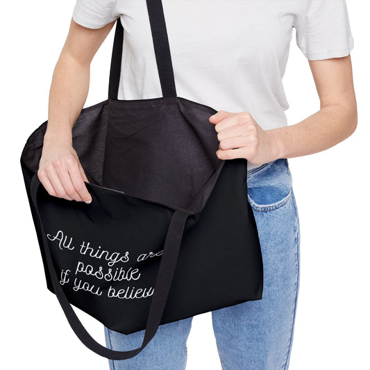 Inspirational tote bag with faith-based message