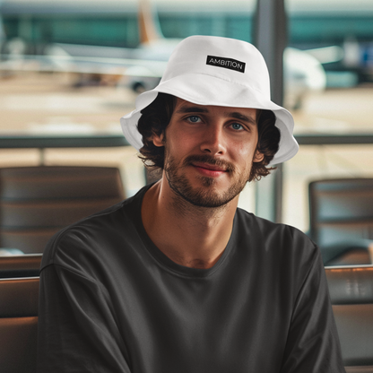 White bucket hat with Ambition design