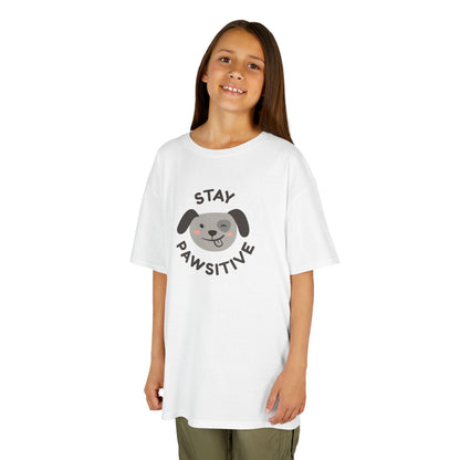 White kids tee with "Stay Pawsitive" design